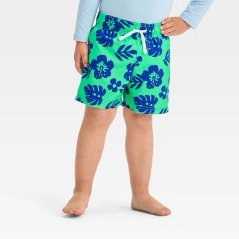 NWT Cat & Jack Green Blue Tropical Print Swim Trunks Size 4/5